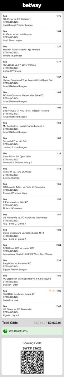 BTTSPLUG_'s tweet photo. I just placed a bet with Betway. Tap here to copy my bet or search for this booking code in the Multi Bet betslip BW73153A23 https://t.co/4U2vdrz8Nn

Both teams to score 🔥🔥👨🏽‍🍳

 50,932.91 odds 💸💸💸

Kickoff starts 17:00 🕔 ⚽️🥅 https://t.co/ZLn2WJzdO0