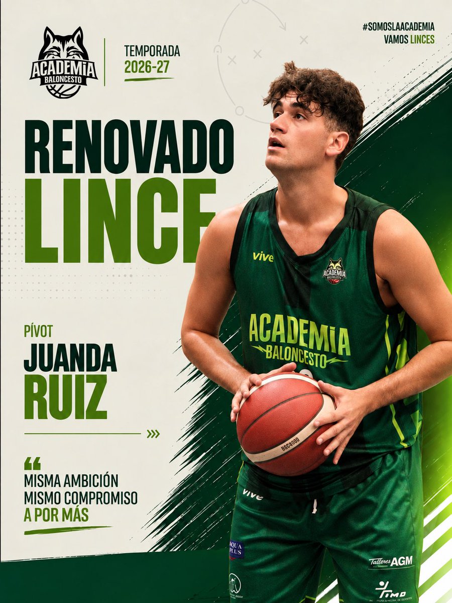 LaAcademiaAB's tweet photo. 💚 JUANDA RUIZ, RENOVADO.

Seguimos contando con Juanda para la temporada 2026/27. Nuestro pívot continuará defendiendo los colores de La Academia un año más.

Misma ambición. Mismo compromiso. A por más. 🏀

¡Vamos, Juanda! 🐾

#SomosLaAcademia #VamosLinces https://t.co/Pkfu1o6ek0