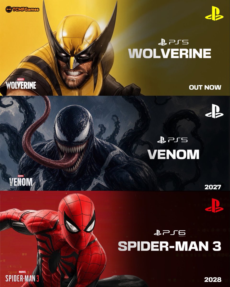 TCMF2's tweet photo. Marvel PS5 Games Phase 2 
⠀ ⠀ ⠀ ⠀ ⠀ ⠀ ⠀ ⠀ ⠀ ⠀  ⠀ ⠀ ⠀ ⠀ ⠀ ⠀ ⠀ ⠀ ⠀ ⠀  
Wolverine is now out with still multiple marvel games on the way from Insomniac per reports 

Venom is reportedly set to launch late next year on PS5 / PS6 

Spider Man 3 has been pretty much confirmed in the works with a potentially launch in 28/9 on PS5 / PS6 unless they make it PS6 exclusive 

Beyond that begins another phase focused on the Mutant saga with the X-Men 

- playstation | ps5 pro | ps5Themes