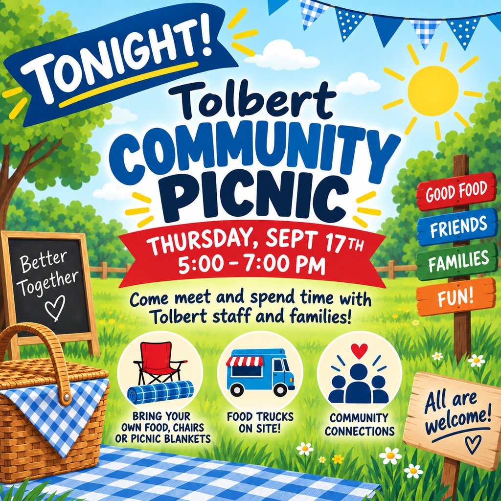Tolbert_ES's tweet photo. We are very excited about tonight's Community Picnic (Thursday, Sept 17th) from 5:00-7:00. Come meet and spend time with Tolbert staff and families. Feel free to bring your own food and chairs or picnic blankets. There will be food trucks on site! https://t.co/HuhdTR4FXf