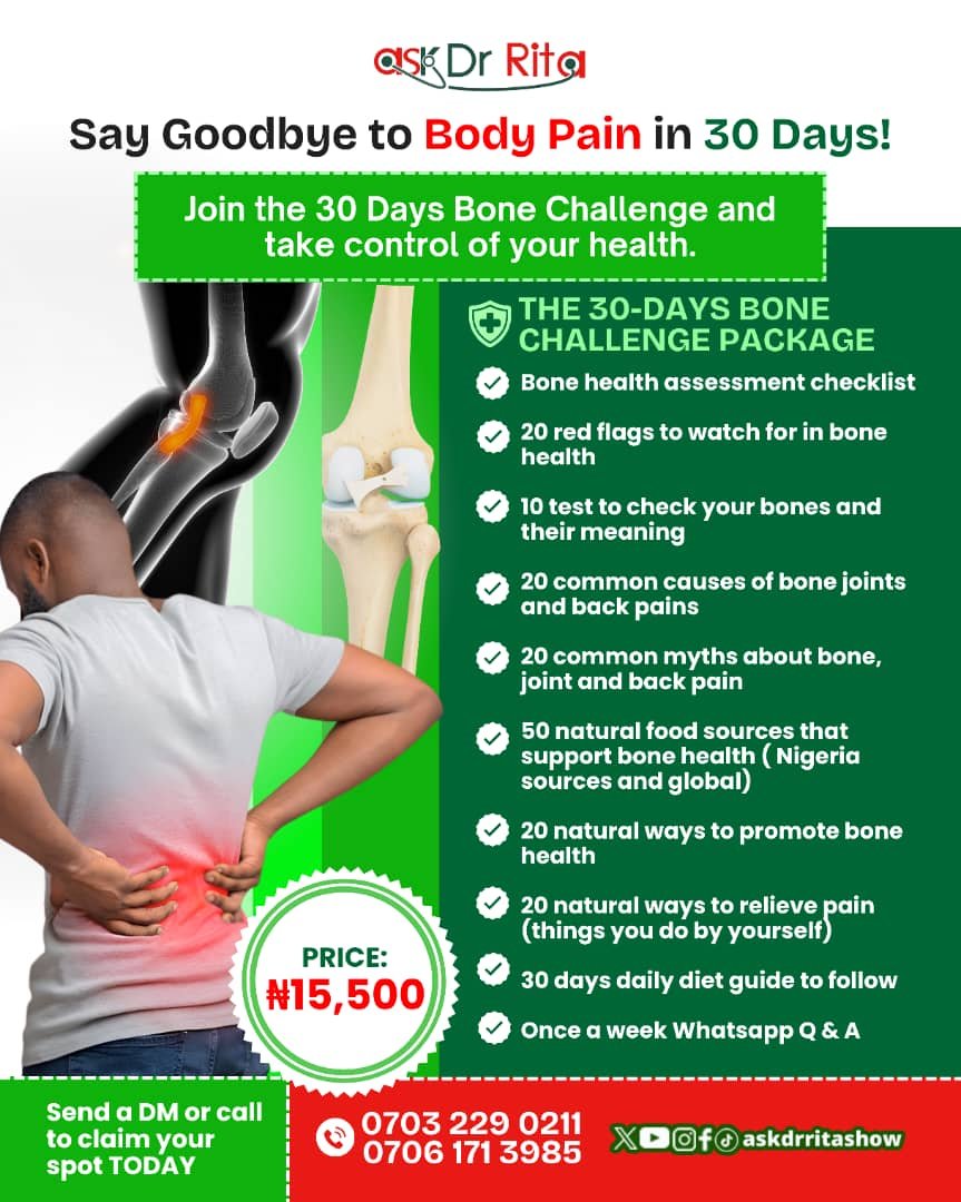Rizherbaltea's tweet photo. 𦴠Invest in your bone health! πΏ
Join the AskDrRita 30-Day Bone Health Challenge for just β¦15,500.
Daily diet guide, bone-health tips, 50 supportive foods & weekly Q&A.
π© DM βBONEβ to register.
π 07069045127
#BoneHealth #AskDrRita https://t.co/I4R6eGyUJA