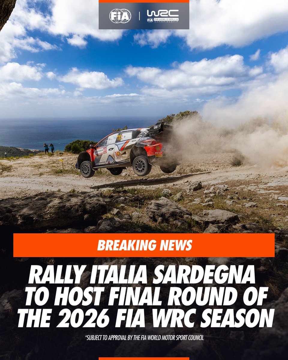 fia's tweet photo. 🚨 BREAKING NEWS 🚨  

Rally Italia Sardegna will host the final round of the 2026 FIA World Rally Championship 🇮🇹  

Rally Saudi Arabia will not form part of this year’s WRC calendar due to ongoing regional developments affecting logistical arrangements.  

The event will still proceed as scheduled from 12–15 November as part of the FIA Middle East Rally Championship.

Read more here! 👇 https://t.co/scqcrqis75

#FIA #WRC