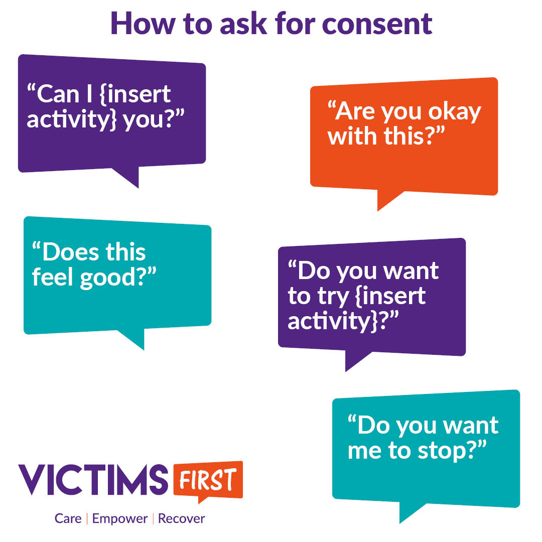 VictimsFirstTV's tweet photo. 💬 Unsure how to ask for consent?

It can be as simple as:

👍 “Can I {insert activity} you?”
👍 “Are you okay with this?”
👍 “Does this feel good?”
👍 “Do you want to try {insert activity}?”
👍 “Do you want me to stop?”

Consent ensures everyone involved feels safe and respected https://t.co/35ew7WTY0k