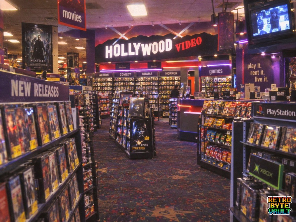 RetroByteVault's tweet photo. POV: It’s Friday night and you just walked into Hollywood Video.

You’d wander the aisles forever, checking every new release, grabbing a game for the weekend, and hoping the movie you wanted was still in stock.

No streaming. No endless scrolling. Just shelves full of choices and that feeling that the weekend had officially started.