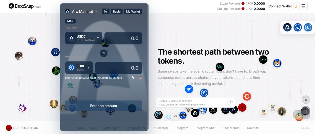 DropSwapFinance's tweet photo. Arc Mainnet is live on DropSwap.
Swap USDC → EURC natively on Arc.
No bridges, no detours.
The shortest path between two tokens.
https://t.co/QXKYXYDLkf
#Arc #DropSwap #DEX #DeFi #USDC #EURC #Arcchain #Arcmainnet https://t.co/1IXjw3Rodz