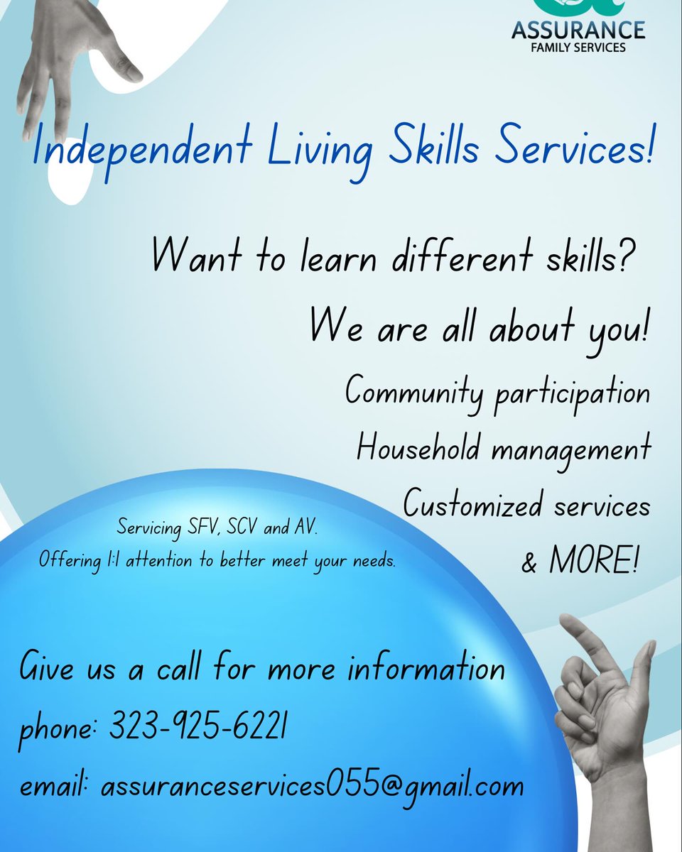 GeneSchantfgqq's tweet photo. Assurance Family Services now provides Independent Living Skills services. Can you live independently with little to no help? Let us support you! Contact the number on the flyer if you’re approved through the North Los Angeles County Regional Center. https://t.co/V9f1ZiZ5mW