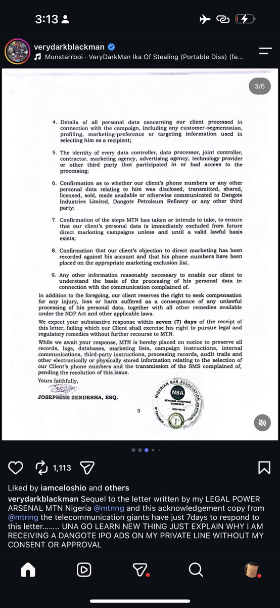 Vibe_withus1's tweet photo. VeryDarkMan’s lawyers write MTN over unsolicited Dangote IPO SMS sent to his private number without consent.
MTN has 7 days to respond. The letter has been acknowledged.
#VeryDarkMan #MTN #Dangote #DangoteIPO https://t.co/GXk7VL2jMM