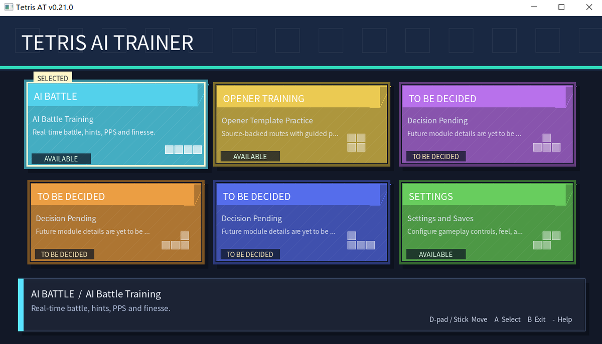 miahaxx's tweet photo. Tetris AI Trainer v0.21.0 公開テスト版をリリースしました。UIとメニュー構成を改善し、キーボードのキー設定、コントローラー操作、セーブ・音量・トレーニング機能を強化しました。戻る操作や状態リセットなど、複数の既知の不具合も修正しています。
https://t.co/SlBlmbXDBn https://t.co/SFfzYKEiFF