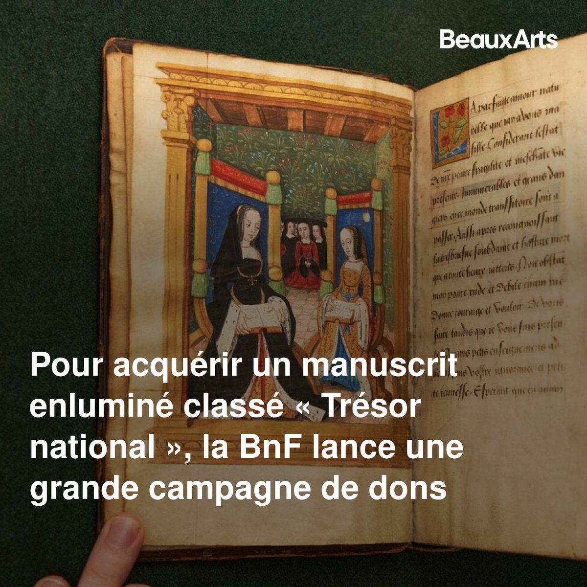BeauxArts_mag's tweet photo. Pour acquérir un manuscrit enluminé classé « Trésor national », la BnF lance une grande campagne de dons
➡️ https://t.co/un1J83TDbT https://t.co/WzeVppAJxk