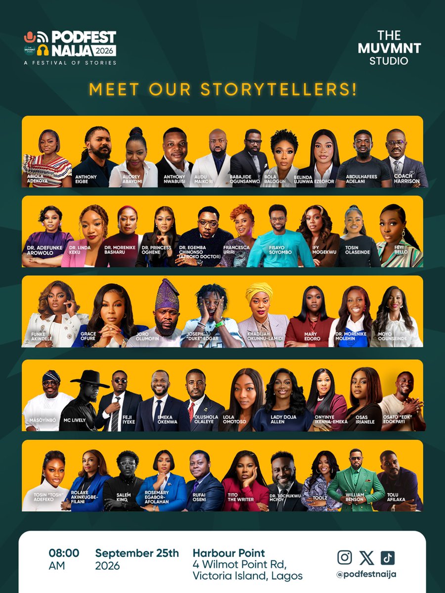 PodfestNaija's tweet photo. 8 DAYS TO PODFEST NAIJA 2026!!!🥳🎉

Get ready to experience a festival of stories with your favourite creators, storytellers, industry leaders, brands and the entire storytelling ecosystem as we come together to connect, collaborate, innovate and learn! https://t.co/WEy7pJZRl6