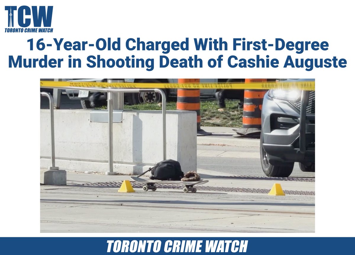 CrimewatchTO's tweet photo. 16-Year-Old Charged With First-Degree Murder in Shooting Death of Cashie Auguste

A 16-year-old Toronto youth has been charged with first-degree murder in connection with the fatal shooting of a 17-year-old boy in North York.

Toronto police were called to the area of Jane Street and Finch Avenue West at approximately 3:34 p.m. on Monday, September 14, following reports of a shooting.

Officers located a male victim suffering from gunshot wounds. Emergency crews performed life-saving measures before the victim was transported to hospital by paramedics. He was pronounced dead a short time later.

Police have identified the victim as Cashie Auguste, 17, of Toronto.

The death marks Toronto's 24th homicide of 2026.

On Thursday, September 17, police announced the arrest of a 16-year-old Toronto male youth in connection with the investigation.

The youth has been charged with:
-First-degree murder
-Fail to comply with a probation order

Because the accused is a youth, his identity is protected under the Youth Criminal Justice Act.