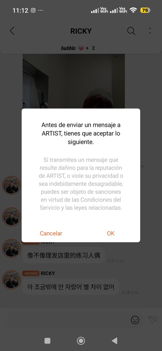 gfmywfus's tweet photo. Ayer volví a pagar la suscripción de bubble porque quería mandarle mensajes de apoyo a Ricky. Y hoy me di cuenta de que ya no se pueden traducir los mensajes (me da pena, pero por gente lunática lo prefiero) y me apareció un mensaje de alerta antes de poder hablar. https://t.co/goFYqqIuvN