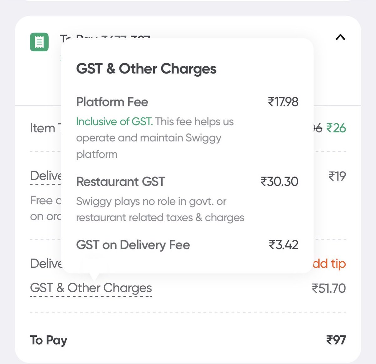 adi_daga's tweet photo. Hey @Swiggy @SwiggyCares 
how is GST 30/-, if items itself cost 26/-? https://t.co/piPG9zQyDd