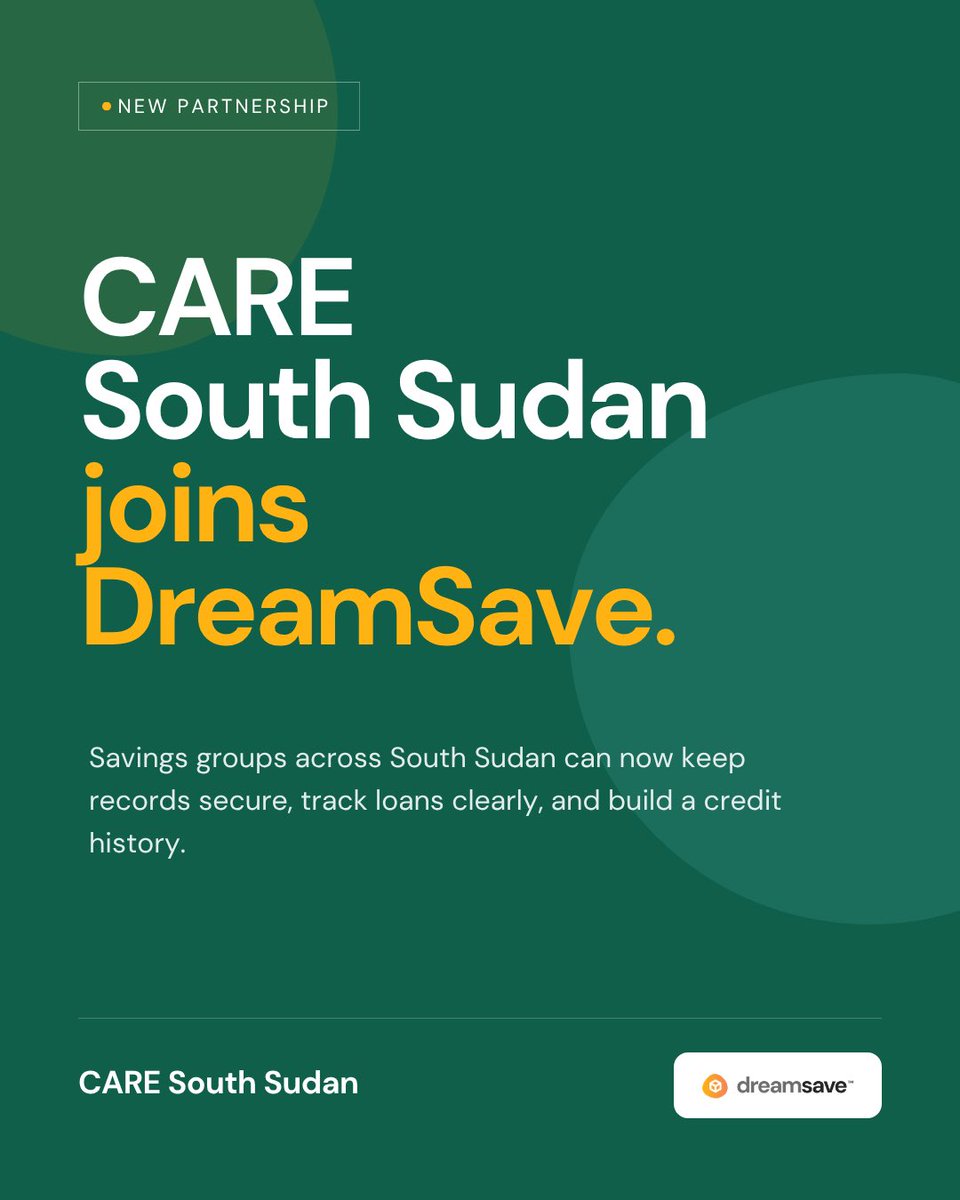 DreamStartLabs's tweet photo. Strengthening community resilience starts with financial data tools built for local contexts.

Our new partnership with @CareSouthSudan  marks another milestone in expanding how savings groups record, manage, and use their financial data to build economic independence.

As more global partners join the DreamSave network, our core focus remains unchanged: collaborating directly with local teams so digital tools are integrated in ways that honor their unique priorities and community dynamics.

When organizations put flexible, transparent tools in local leaders’ hands, savings groups become stronger and more self-reliant. We look forward to seeing CARE South Sudan’s impact across the region.

Interested in digitizing your savings groups? Contact us at info@dreamstartlabs.com to explore partnership opportunities.

#DreamStartLabs #DreamSave #CARESouthSudan #FinancialInclusion #SavingsGroups