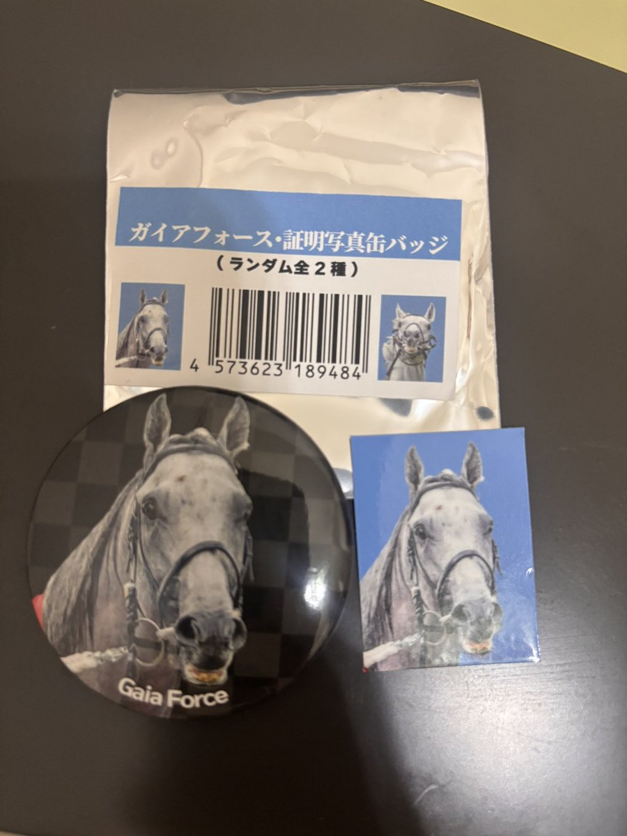 hx_clds's tweet photo. ガイアフォース 証明写真 缶バッジセット
定価1000円＋送料140円でお譲りします。
2つがそのまま袋に入っていたので初期傷等はご了承ください。ネットケイバ公式グッズです。
 #競馬
 #ガイアフォース https://t.co/AyvMIcuPF8
