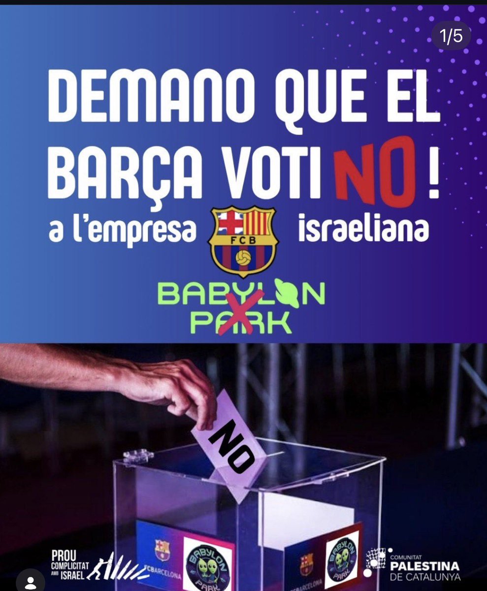 mpozueloc's tweet photo. 🔴 Crida a tota la Comunitat Blaugrana: aquest dissabte l'Assemblea de Socis Compromissaris del Barça vota si ratifica l'acord amb l'empresa israeliana Babylon Park, per a instal·lar un espai de lleure infantil a l’Spotify Camp Nou durant més de cinc anys.

📰 L'empresa manté relacions comercials amb organismes públics israelians i l’empresari israelià Teddy Sagi qui va ser accionista de control de Babylon Park UK Play & Entertainment Ltd. Sagi té un historial documentat de suport econòmic a programes destinats a soldats i exsoldats israelians, inclosos programes vinculats a “Friends of the IDF” (amics de l’exèrcit d’Israel). També s’ha documentat el seu finançament de transport per a soldats israelians després del 7 d’octubre.

💶 Signar aquest contracte és associar l'escut del Barça, durant anys, a una empresa israeliana, mentre el genocidi contra el poble palestí continua.

🤷‍♀️ El Club diu defensar la infància i la pau. Ara té l'oportunitat de demostrar-ho amb fets, no amb paraules.

❌ La complicitat ja no és una opció. Barça, amb el genocidi no es juga! Barça, vota NO! Demanem a tota la comunitat blaugrana que es mobilitzi per aturar aquest acord!

Prou complicitat. Prou impunitat.
#PalestinaLliure #BoicotIsrael #BarçaVotaNo 🇵🇸