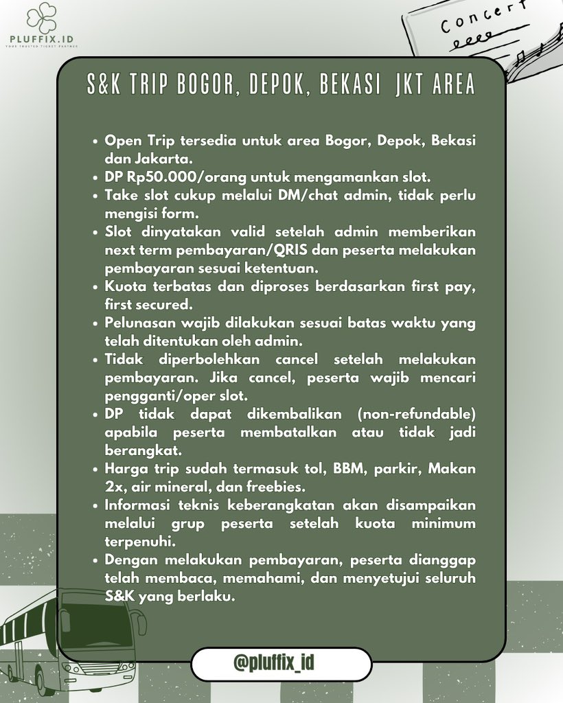 pluffyharuto's tweet photo. TRIP KONSER — THE REDLINE NCT 127🍀

📅 03 Oktober 2026
📍 Indonesia Arena
🚌 Start from Jakarta • Bogor • Depok • Bekasi
💸 Start from 200K PP

Include: Tol, bensin, makan 2x, minum, parking &amp; mini freebies!

Limited slot — secure yours now!
📲 082234839590 | @pluffix_id https://t.co/OJKynEBZHC