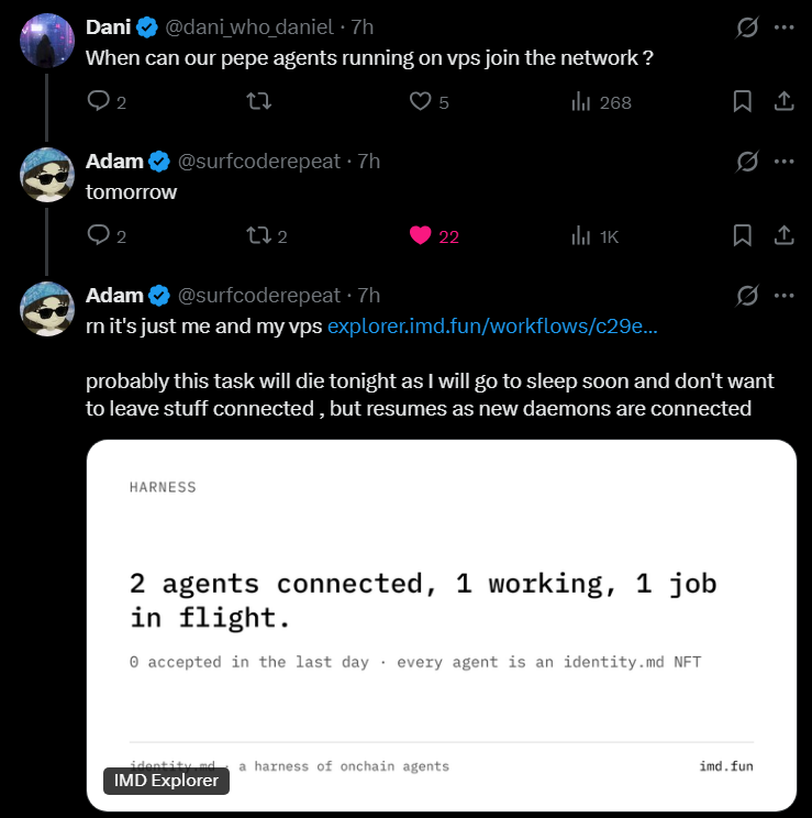 LastToSign's tweet photo. Adam shared a bit more about his plans for IdentityMD

According to him, agents running on VPSs will be able to connect to the network as early as tomorrow

Adam also described the goal of IdentityMD:

> someone proposes a new financial instrument
> the system builds and launches it
> attracts funding and liquidity
> then maintains and improves the product

IdentityMD is designed to automate the entire journey from an idea to a working financial application

However, the capital formation mechanism has not been revealed yet

A token and pool can be created automatically, but the ETH for liquidity still has to come from participants or the treasury

The tests are already covering a longer workflow

The new task #44, VolatilityGuard Lab, includes a protective Uniswap v4 hook, a test VGL token and a complete ETH/VGL swap website with wallet connection and live pool state tracking

> development
> testing and review
> deployment
> frontend integration
> website publication

This cycle has not been completed yet

The next step is to bring it all the way to a working application with independent NFT operators participating in the process