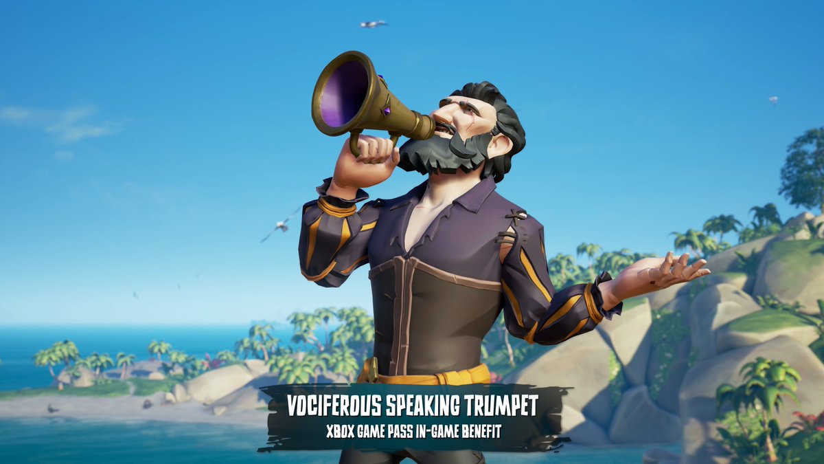 A pirate shouts through a very fancy gold and purple speaking trumpet.