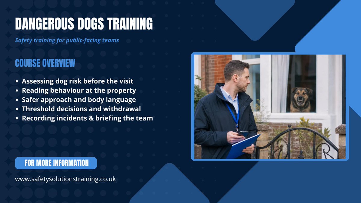 Safety_Sol_'s tweet photo. Housing, trades and enforcement staff enter other peoples properties daily. Dangerous dogs awareness focuses on pre-visit checks, withdrawal and accurate recording.

Discuss training for your team:

https://t.co/BqVZUMN2W1 https://t.co/2gaFnBwGIx