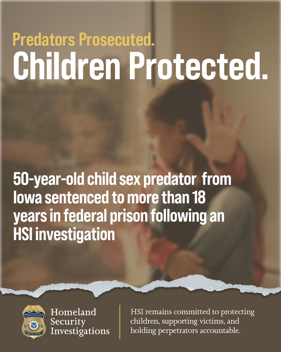 HSI_HQ's tweet photo. Robert J. Fundermann, a 50-year-old U.S. citizen from Anthon, Iowa, learned he’ll serve an 18-and-a-half-year sentence for distributing child sex abuse material.

Evidence at the plea and sentencing hearings obtained during an HSI investigation showed that from April 2023 through April 2025, Fundermann distributed child sex abuse material and groomed a 17-year-old child to obtain the videos and photographs.  

Fundermann had 54 CSAM images and 98 CSAM videos on his phone — some that portrayed sadistic or masochistic conduct, prepubescent children and toddlers.  

This wasn’t his first conviction, either. In 2019, this predator was convicted of soliciting nude images from a child.  

Child predators have NO SAFE HAVEN in America. We will find them and bring them to justice.