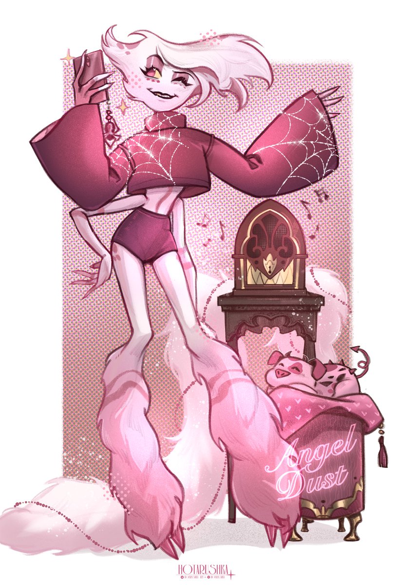 hotarushka's tweet photo. A cozy little spider🌸
I love thinking about how he has fuzzy spider legs~ 
#AngelDust #hazbinhotel https://t.co/x54JQTjmeM
