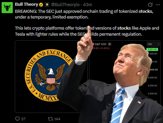 TheDebriefing17's tweet photo. 🚨Two days after CLARITY Act died, the SEC did it without Congress.

On Monday, the Senate killed the CLARITY Act. 49-50. The most comprehensive crypto market structure bill in history dead.

On Wednesday, SEC Chairman Paul Atkins said: "Stay tuned."

On Thursday today  the SEC issued the Innovation Exemption.

Five-year conditional relief for platforms to trade tokenized versions of publicly listed U.S. stocks on-chain. Automated market makers. Liquidity pools. No exchange registration required. No dealer registration for liquidity providers. Platforms only need to notify the SEC before they start operating.

Congress couldn't pass the law. The regulator issued the framework under existing authority. Two days. Same outcome. Different path.

But read the conditions. The sorting mechanism is built into every line.

Tokens must be backed one-to-one by the underlying stock. Full shareholder rights. Voting. Dividends. Proxies. Real shares behind every token. Not price exposure. Ownership.

Synthetic tokens derivatives that track a stock's price without holding the actual share are explicitly banned. The SEC said the word out loud: "Synthetic tokens offering exposure to a stock via a derivative or other product would not be permitted."

Robinhood's tokenized stock product the one AMC's CEO called "contemptible," the one OpenAI disavowed is dead on arrival. Not just criticized. Banned by the regulatory framework.

Companies can block tokenized versions of their stock. If an issuer objects, the platform must stop trading that token. AMC and OpenAI asked for exactly this. They got it.

Sanctions compliance is mandatory. OFAC screening is built into the exemption from day one. You cannot operate a tokenized securities venue without running every participant against the sanctions list.

Smart contracts must be auditable, public, and deployed on a public permissionless ledger. The code is visible. The transactions are traceable. The architecture is transparent by design.

Two weeks ago, I wrote about September 3 the day twenty-one banks announced a regulated stablecoin and AMC's CEO attacked Robinhood's synthetic stock tokens. Two products. Same day. One authorized, transparent, inside the architecture. One unauthorized, synthetic, outside it.

Today the SEC drew the line. Authorized tokenization approved. Synthetic derivatives banned. The sorting mechanism we described is now regulatory policy.

This is Glass Rails at three layers now.

Layer one: the enforcement infrastructure. BSA, FinCEN, OFAC, DOJ. Suspicious activity reports. Designation lists. Penalties. The plumbing that tracks where money goes and freezes it when it shouldn't be moving.

Layer two: stablecoin licensing. The GENIUS Act. Five NPRMs. Twenty-one banks building a Treasury-bond-backed digital dollar. Every stablecoin transaction OFAC-screened, FinCEN-compliant, reserves verified.

Layer three as of today: tokenized securities. Real stocks on-chain. One-to-one backed. Full ownership rights. Sanctions-compliant. Auditable smart contracts. Companies retain the right to block unauthorized versions of their own equity.

Dollars. Bonds. Equities. All three moving onto transparent, auditable, sanctions-compliant rails.

SEC Chairman Atkins: "The Innovation Exemption is designed to resolve challenges that have prevented responsible innovation from taking root in the United States while providing investor protections and market integrity standards."

Then he added the warning: the exemption "must be followed by durable rulemaking." Five years. The clock starts now. Congress has until then to pass the law the SEC just wrote without them.

Monday they voted no. Thursday the SEC said we'll do it ourselves.

The architecture doesn't wait for Congress. It moves through whoever is ready to move.

I am the guy on the couch, and you have been debriefed.

@Homeranger17 @CouchGuy17 @drawandstrike @AstuteActual @burnedspy360 @cryptogoos