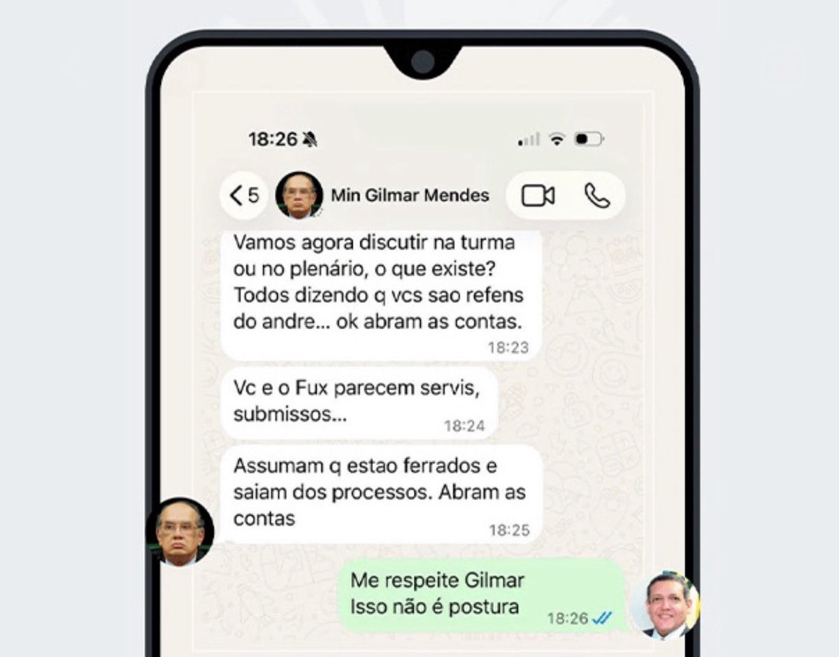 FMouraBrasil's tweet photo. Gilmar Mendes pressionou Nunes Marques pelo WhatsApp a sair dos processos, como mostram mensagens já noticiadas.

E Nunes Marques, embora tenha repelido Gilmar no chat, declarou-se impedido no caso Moraes, após vazamentos sobre elos de seu filho com o Master.

Mendonça manifestou repúdio ao uso de “linguajar impróprio para que alguém se retirasse de julgamento” e a “insinuações de que determinados conteúdos poderão ou não vir a público conforme o rumo” dele.

Em qualquer democracia plena, os senadores abririam investigação sobre o episódio envolvendo magistrados da Suprema Corte. Mas eles estão muito ocupados torrando a grana do fundão eleitoral e distribuindo emenda parlamentar.