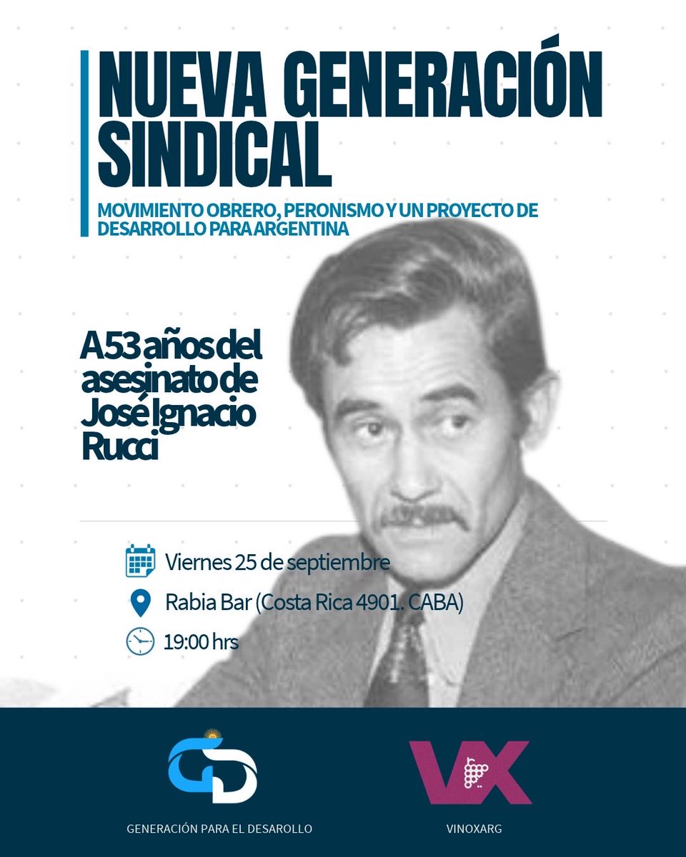 GenDesarrollo's tweet photo. ✌🏼 Nueva generación sindical: peronismo y un proyecto de desarrollo para Argentina.

📅 25/9 | 19 h
📍 Rabia Bar

🔗 Inscripción: https://t.co/3rdmt0yvHm https://t.co/kZ5lo3uo4D