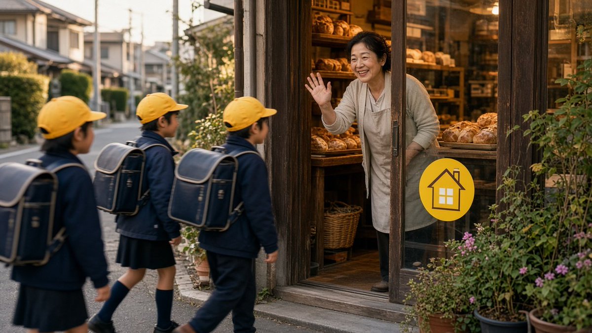 japan_nobunaga's tweet photo. Walk down any residential lane in Japan, and you will spot a bright yellow sticker on ordinary front doors, doctor offices, and bakeries.

It shows a cheerful cartoon snail or house:
"Kodomo 110-ban no Ie" (Children’s Emergency Safety House).

It is a quiet social contract between thousands of regular citizens:
If a child walking home from school ever feels scared, gets lost, or encounters a suspicious stranger, they don't have to search for a police station.

They can run up to any home bearing that yellow plate, knock on the door, and know they will be protected.
The homeowner immediately opens the door, brings the child inside, gives them a glass of barley tea, and calls the police and parents.

Zero government funding. Zero personal fame.
Just everyday neighbors agreeing to act as human shields for other people’s children.

An entire nation wrapped in an unbroken blanket of community love.