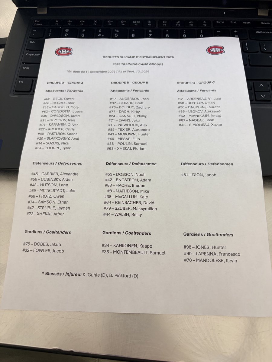 EricEngels's tweet photo. Habs camp groups https://t.co/QGeO7FqQqF
