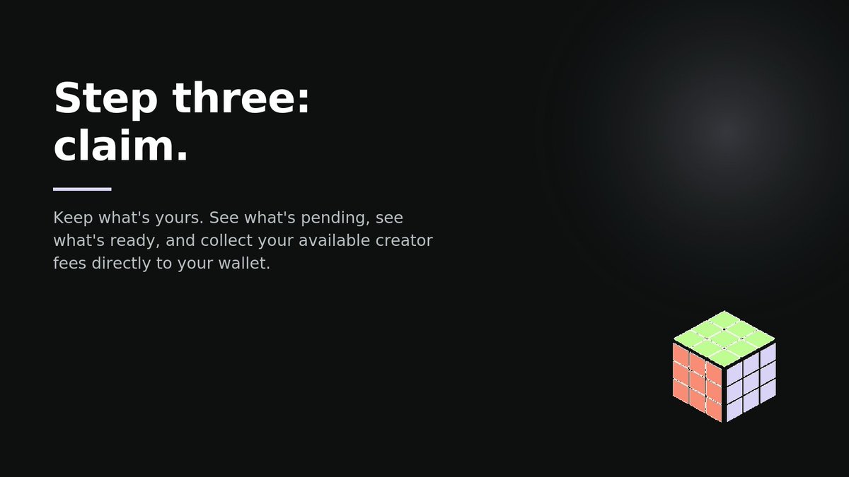 RubikCubeTrade's tweet photo. Keep what's yours. See what's pending, see what's ready, and collect your available creator fees directly to your wallet. https://t.co/oRnKGhLTF1