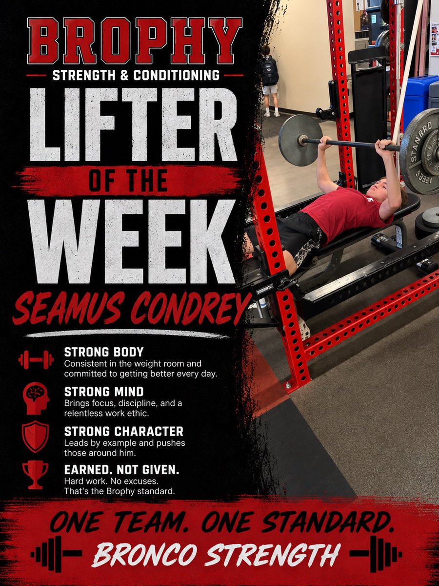 BrophyStrength's tweet photo. Brophy lifter of the week: Junior Seamus Condrey
Sports: soccer and track and field 
Hobbies: robotics, engineering projects, biking and piano
Accomplishments in the weight room: I did my first muscle up and had a bench press PR of 145 lbs
Favorite lift: hang cleans 
Goal for this year: to get bigger and stronger for my sports
Favorite quote: “Don’t watch the clock; do what it does…keep going.” -Sam Levenson
“Seamus is a model of consistency. He shows up when it is early and inconvenient. His dedication is yielding results in strength and performance.” - Director of Strength and Conditioning Kyle Vanden Bosch
@BrophyAthletics @bcpdistance @brophy_soccer