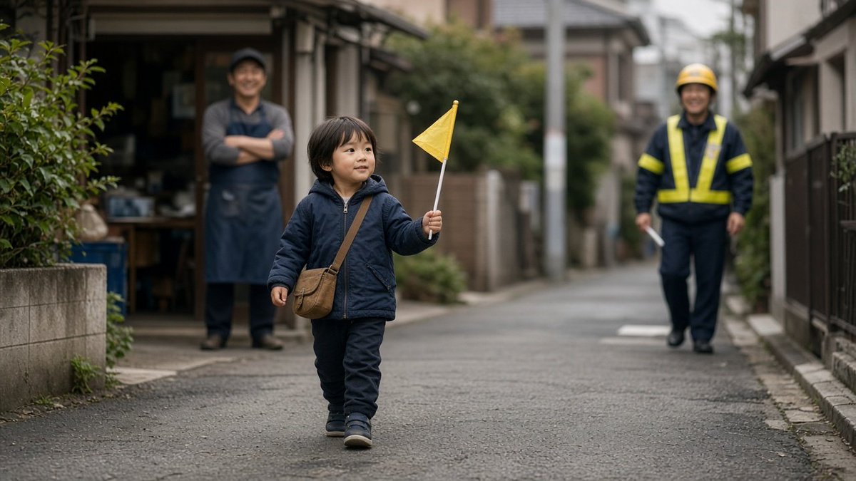 japan_nobunaga's tweet photo. When the Japanese TV show "Old Enough!" hit Netflix, international viewers watched with their jaws on the floor.

A 4-year-old toddler in a tiny coat walks alone down public streets, holding a little yellow safety flag to buy fish for his mom.

Viewers kept waiting for disaster.
Instead, they witnessed pure communal love:

When the child reaches a crosswalk, cars stop instantly. Drivers wait patiently with gentle smiles, waving him across with zero honking.
The neighborhood baker steps outside just to keep an eye on him as he turns the corner.
The fishmonger greets the boy like his own grandson, carefully counting his coins and tucking a little treat into his shopping basket.

"You walked all by yourself? What a brave big boy!"

That child isn't actually alone.
The entire neighborhood is acting as an invisible safety net.

A society built so safely that the world outside a front door doesn't feel like a jungle—it feels like an extended living room.