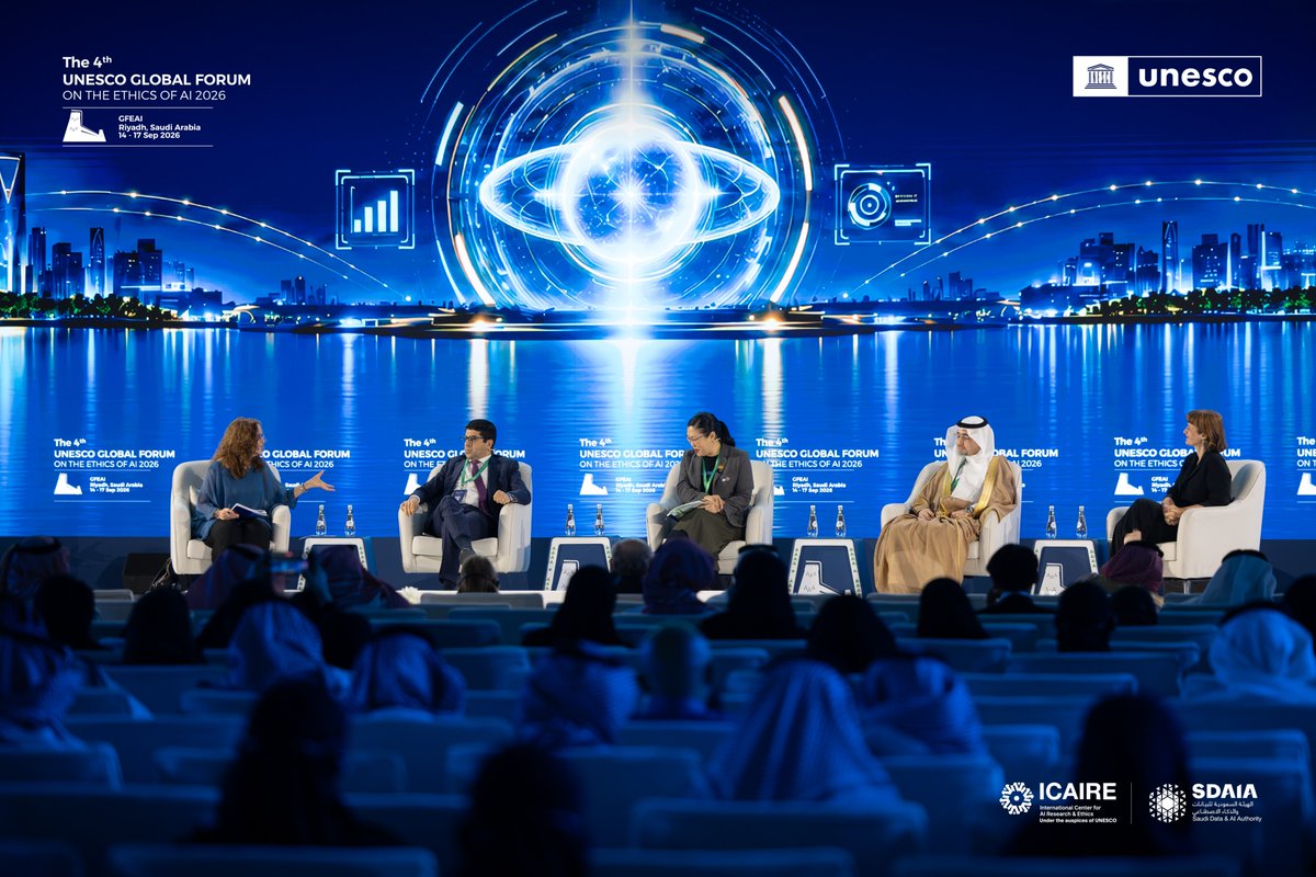 ICAIRE_AI's tweet photo. On Day 3 of the 4th UNESCO Global Forum on the Ethics of AI 2026, the 'AI for the People: Towards a Shared Future' panel discussion explores AI's role in building a shared future that serves all people.
#GFEAI
#SaudiAIYear https://t.co/T5apt7LpIu