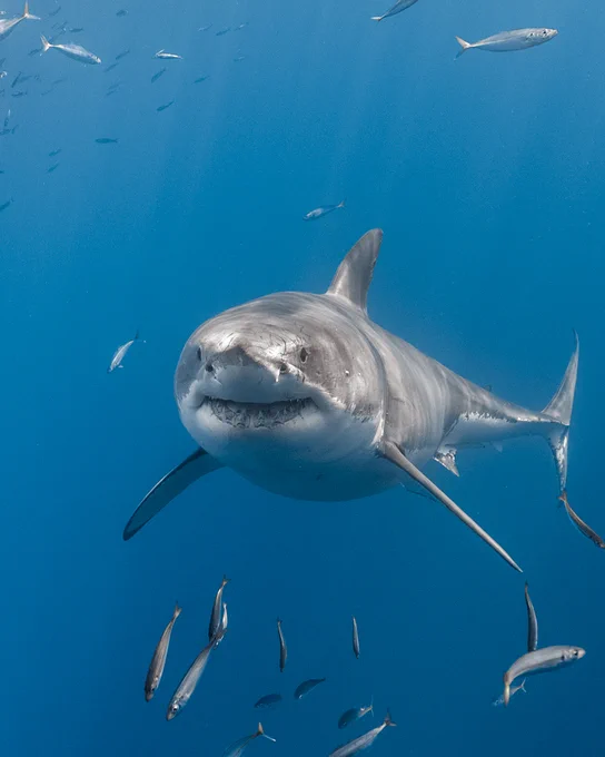 Underwater photo of an adult male great white shark with mackerel scad swimming around him.