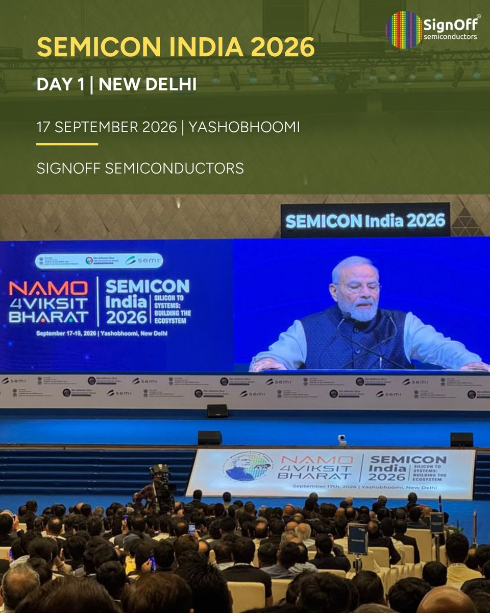 SignOffSemicon's tweet photo. Day 1 at SEMICON India 2026

From the inaugural proceedings at Yashobhoomi to engaging conversations at Booth #H6133

Here are a few moments from Day 1

#SEMICONIndia2026 #SEMICONIndia #SignOffSemiconductors #Semiconductors #ASIC #SoC #VLSI #ChipDesign #IndiaSemiconductor https://t.co/92WeM8cfUv