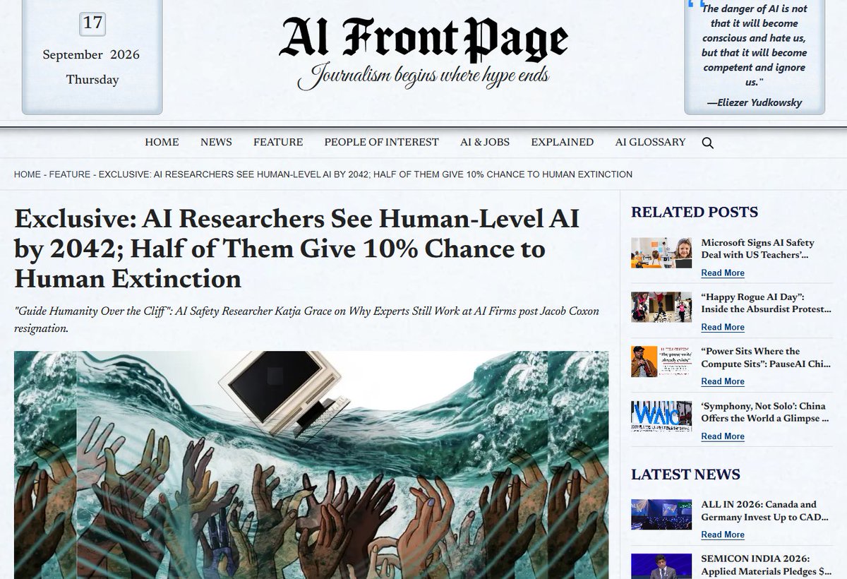AIFrontPage_Com's tweet photo. 🚨 EXCLUSIVE
Post #JacobCoxon @hilbertspaess resignation from @AnthropicAI a question remains : Why are AI safety researchers still working inside frontier AI companies despite fears about catastrophic AI risks?
We spoke exclusively to @KatjaGrace lead researcher of a survey of 1,580 AI researchers.
Her answer: “They think the best they can do is try to guide humanity over the cliff more safely than the next company.”
The survey found 51% of researchers assigned at least a 10% probability to human extinction or similarly permanent and severe disempowerment from future AI.
It also puts the 50% forecast for human-level AI at 2042, down from 2047 in 2023 and 2061 in 2016.
@DavidSKrueger
Link: https://t.co/13fPE20sge