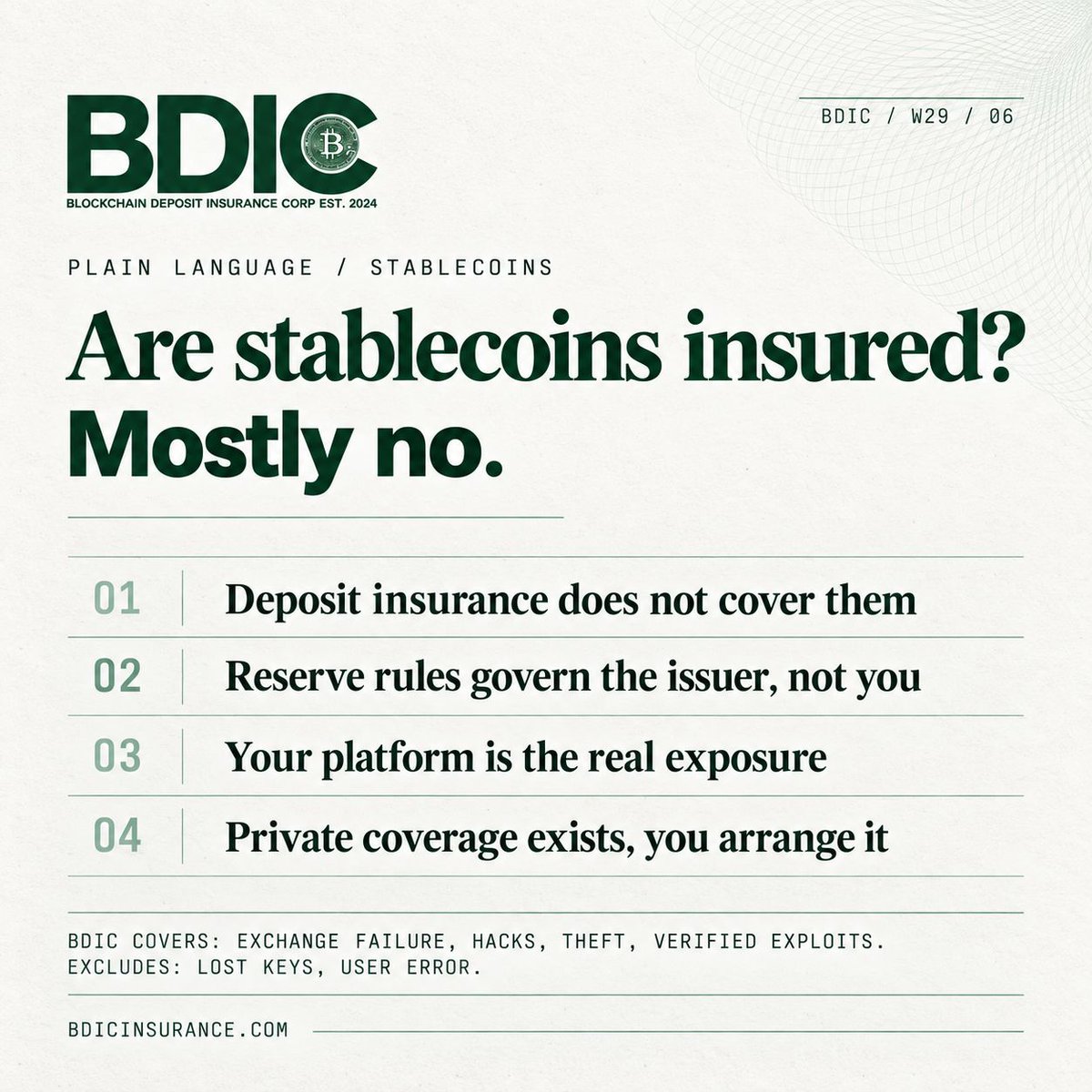 bdicinsurance's tweet photo. Are stablecoins insured?

Mostly no, and the exceptions are narrower than people assume. Here is the straight version.

Government deposit insurance does not cover stablecoins. Federal deposit insurance in the United States covers bank deposits. It does not extend to digital assets, including stablecoins, and it does not matter whether you bought them through a bank.

Reserve rules are not insurance. Under the GENIUS Act and MiCA, stablecoin issuers must hold and disclose reserves backing the tokens. That reduces the chance the issuer is not holding what it claims. It does not pay you anything if the platform holding your tokens is hacked, or if redemption breaks.

The platform is usually your real exposure. Most people do not hold stablecoins directly. They hold them on an exchange or in an app. If that company fails or is compromised, the issuer’s reserves are not the thing that determines what you get back.

Private crypto insurance exists and is specific. Blockchain Deposit Insurance Corporation (BDIC) covers qualifying loss events including exchange failures, verified hacks, theft and confirmed exploits. Standard tier covers $0 to $10,000 per holder, Preferred $10,000 to $20,000. It does not cover lost keys, forgotten passwords or your own transaction mistakes.

So the honest summary: your stablecoin is probably not insured right now, the rules protecting it govern the issuer rather than you, and coverage exists but you have to arrange it.

https://t.co/DSLBehOGe9

#stablecoin #cryptoinsurance #bdicinsurance #crypto #explained
