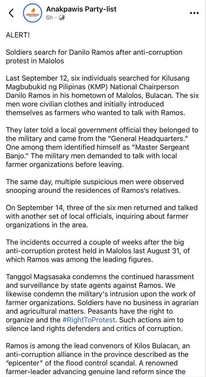alasiye7e's tweet photo. SOBRANG LALA NG AFP! Pagkatapos pangunahan ni Ka Danilo Ramos ang protesta sa Malolos laban sa Pax Silica, ngayon pinaghahanap na siya ng militar at nakabantay pa't umaaligid sa bahay niya mismo.

Karapatan ng mga magsasaka ipaglaban ang kanilang lupa! Hands off Ka Daning! https://t.co/fjqvME6e7w