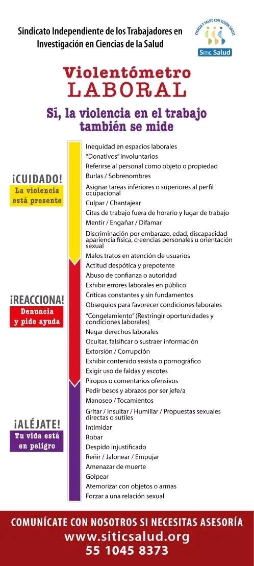 SaludSitic's tweet photo. #Investigador, SITIC Salud realizó el “acosómetro laboral” para que puedas identificar algunas situaciones de acoso propias del quehacer de nuestra comunidad y los pasos a seguir si te encuentras en alguna condición de violencia.
¡DENUNCIA!
#Mobbing #AcosoLaboral #INSHAE #SSA https://t.co/a0AJYmlHgN