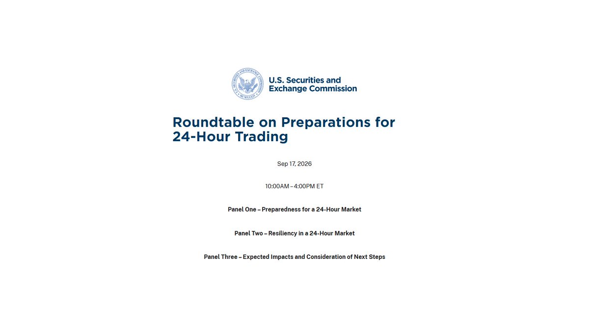 USStockNotes's tweet photo. The SEC’s 24-hour trading roundtable runs from 10:00 to 16:00 ET today. The headline is longer market access, but the agenda is really about market plumbing.

The preparedness panel covers overnight liquidity, surveillance, closing-price processes, clearing and settlement, and investor protection. The resiliency panel moves further into market-data continuity, failover, capacity planning, cybersecurity and staffing. Those are not minor back-office details. They determine whether near-continuous trading can remain orderly when the regular session is closed and liquidity is thinner.

The final panel asks how longer hours may affect liquidity, capital formation and issuers. That distinction matters because availability and liquidity are different products. A stock being tradable overnight does not guarantee tight spreads, meaningful depth or reliable price discovery.

The useful follow-ups are therefore measurable: overnight spreads and depth, how closing and reference prices are formed, what brokers disclose about execution quality, and whether issuers see benefits or new volatility. The number of hours on a trading screen is the least informative part of the change.