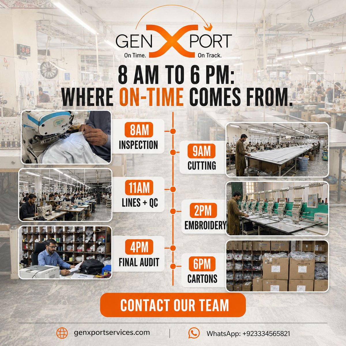 genxport's tweet photo. 8 AM to 6 PM: one consistent production rhythm.

Fabric inspection → cutting → QC → embroidery → final audit → packing.

That consistency is what keeps production on time.

What would you want to see on a factory tour?

#FactoryTour #GarmentManufacturing #BehindTheScenes https://t.co/T5Ye1S0CDK