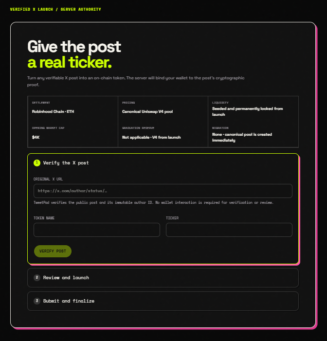 Tweetpad_fun's tweet photo. Your post deserves more than likes give it a real ticker.

Turn any verified X post into an onchain token on Robinhood Chain with TweetPad.

Post it. Verify it. Launch it.
Start here: https://t.co/ehxlAAOP7M https://t.co/z3Qsa6MQv1