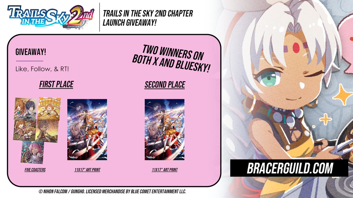 BracerGuildShop's tweet photo. 🎉 Trails in the Sky 2nd Chapter Giveaway! 🎉

🥇 First Place:
- Five currently unreleased 2nd Chapter Coasters
- One 11×17" art print

🥈 Second Place:
- One 11×17" art print

To enter:
✨ Follow us
❤️ Like &amp; Comment
🔁 Repost

Good luck, Bracers!
Winners will be drawn on 9/18! https://t.co/9fXcpcXCN1