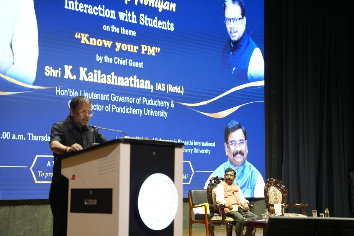 airnewsalerts's tweet photo. Puducherry Lieutenant Governor Kuniyil Kailashnathan addresses students during the #KnowYourPM interaction organised at Pondicherry University as part of the #SevaSankalpAbhiyan in Puducherry. https://t.co/fkuotNxIPf