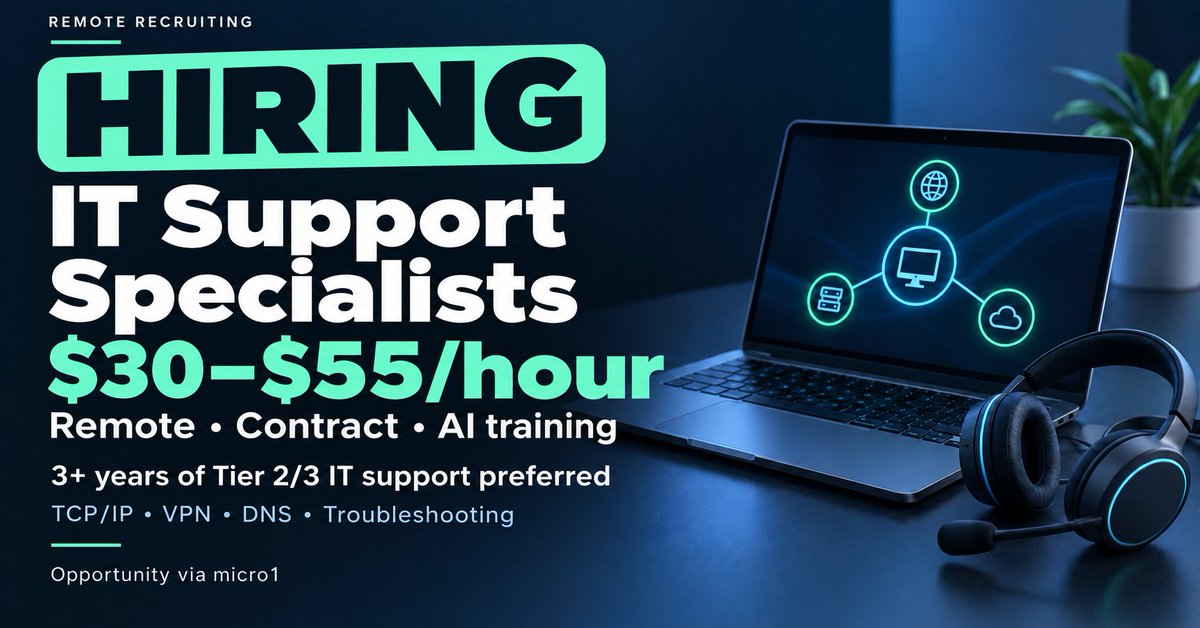 RemoteBrief's tweet photo. 🚨 Hiring! REMOTE JOB $30–$55/hr

Do you have 3+ years in Tier 2/3 IT support?

We are seeking specialists for a remote AI-training contract at micro1

Skills: hardware/software troubleshooting, TCP/IP, VPNs &amp; DNS.

No AI experience needed. Apply by clicking the image below: