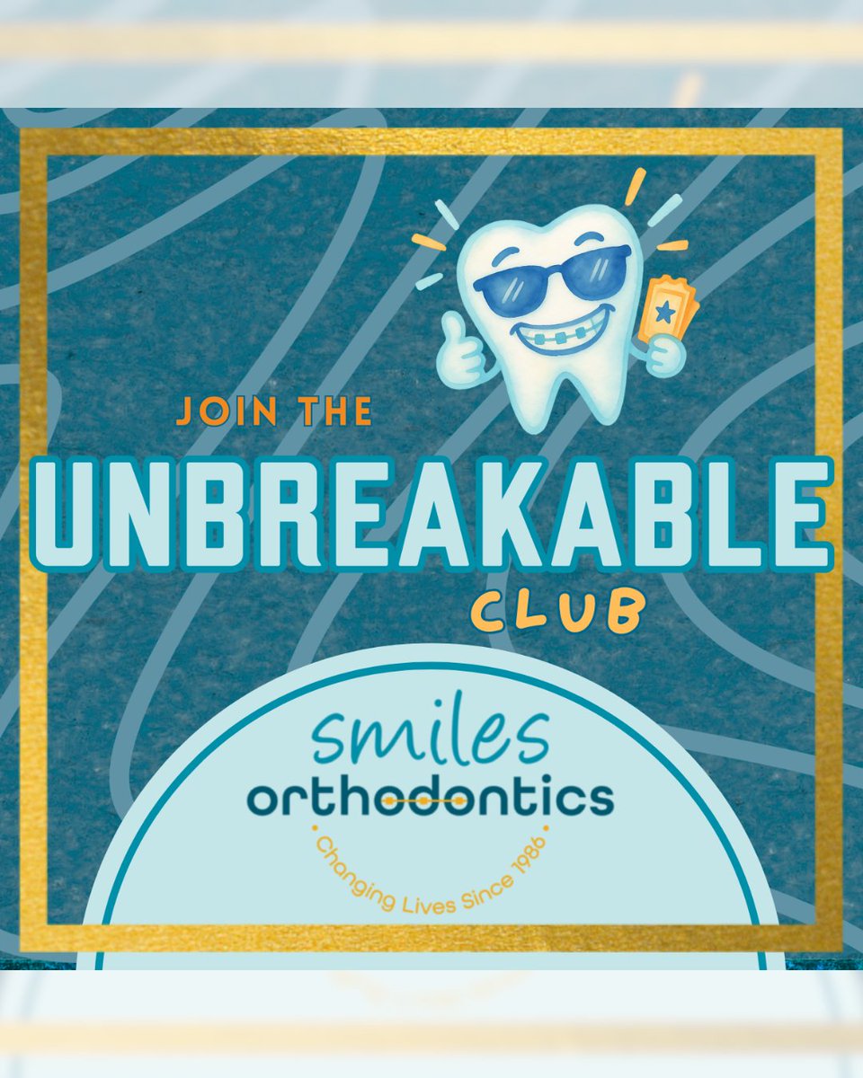 smilesortho's tweet photo. Welcome to The Unbreakable Club at Smiles Orthodontics! Come to your appointment with no broken brackets, and we’ll enter you into our quarterly raffle for a chance to win $100. 

𝘒𝘦𝘦𝘱 𝘵𝘩𝘰𝘴𝘦 𝘣𝘳𝘢𝘤𝘬𝘦𝘵𝘴 𝘶𝘯𝘣𝘳𝘦𝘢𝘬𝘢𝘣𝘭𝘦! https://t.co/8ax7sFudZ1
