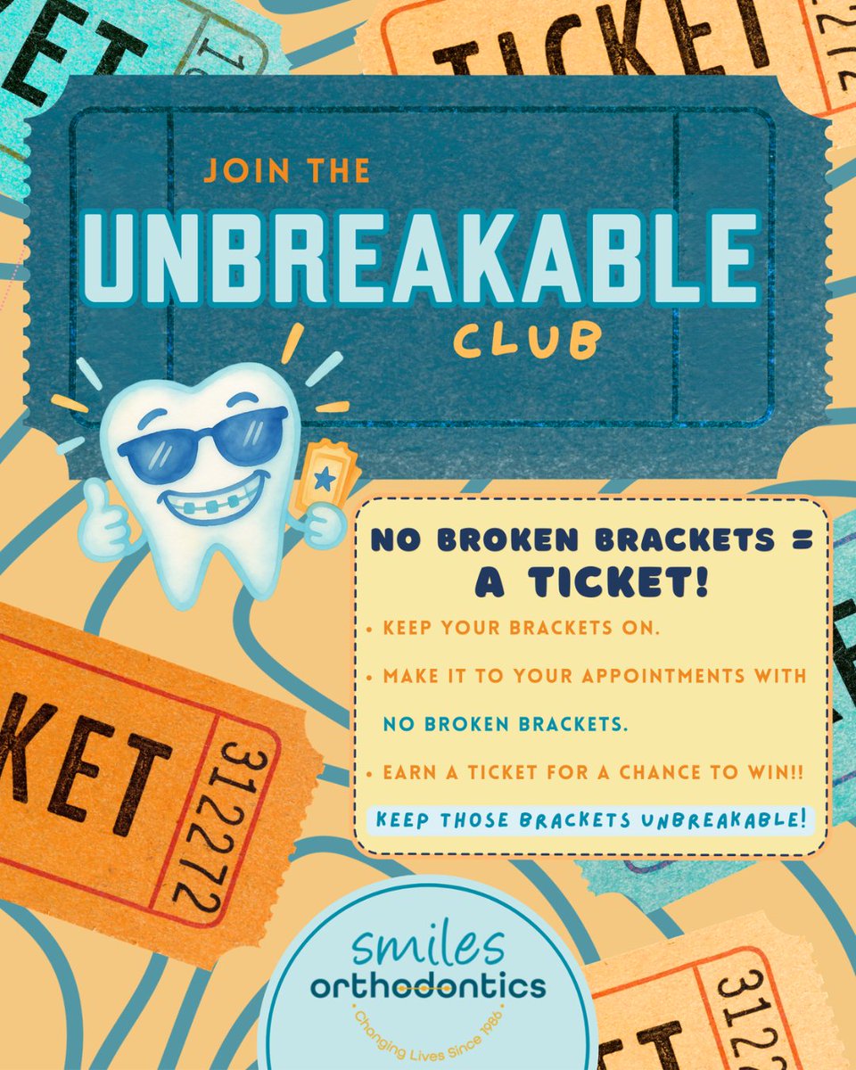 smilesortho's tweet photo. Welcome to The Unbreakable Club at Smiles Orthodontics! Come to your appointment with no broken brackets, and we’ll enter you into our quarterly raffle for a chance to win $100. 

𝘒𝘦𝘦𝘱 𝘵𝘩𝘰𝘴𝘦 𝘣𝘳𝘢𝘤𝘬𝘦𝘵𝘴 𝘶𝘯𝘣𝘳𝘦𝘢𝘬𝘢𝘣𝘭𝘦! https://t.co/8ax7sFudZ1