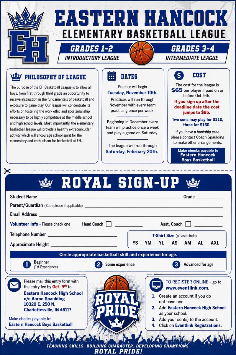 EHHoops's tweet photo. Eastern Hancock Boys Basketball Elementary League Youth Registration is NOW OPEN.  Printable forms are on the Eastern Hancock Athletics Website. https://t.co/30k8n7gTyD